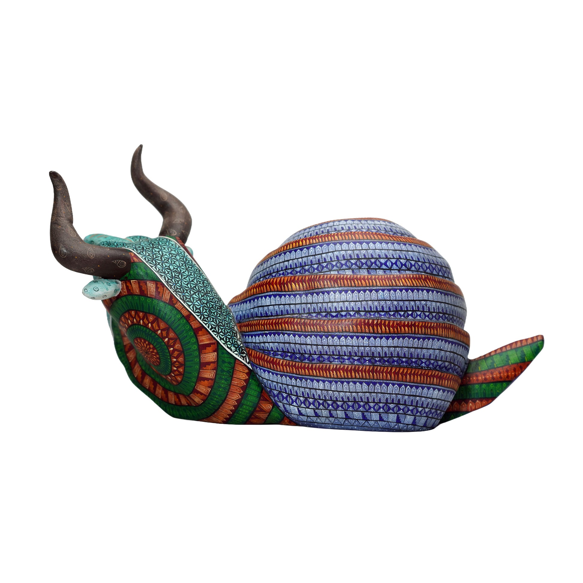 Colorful snail bull wood carving with decorative patterns on a white background