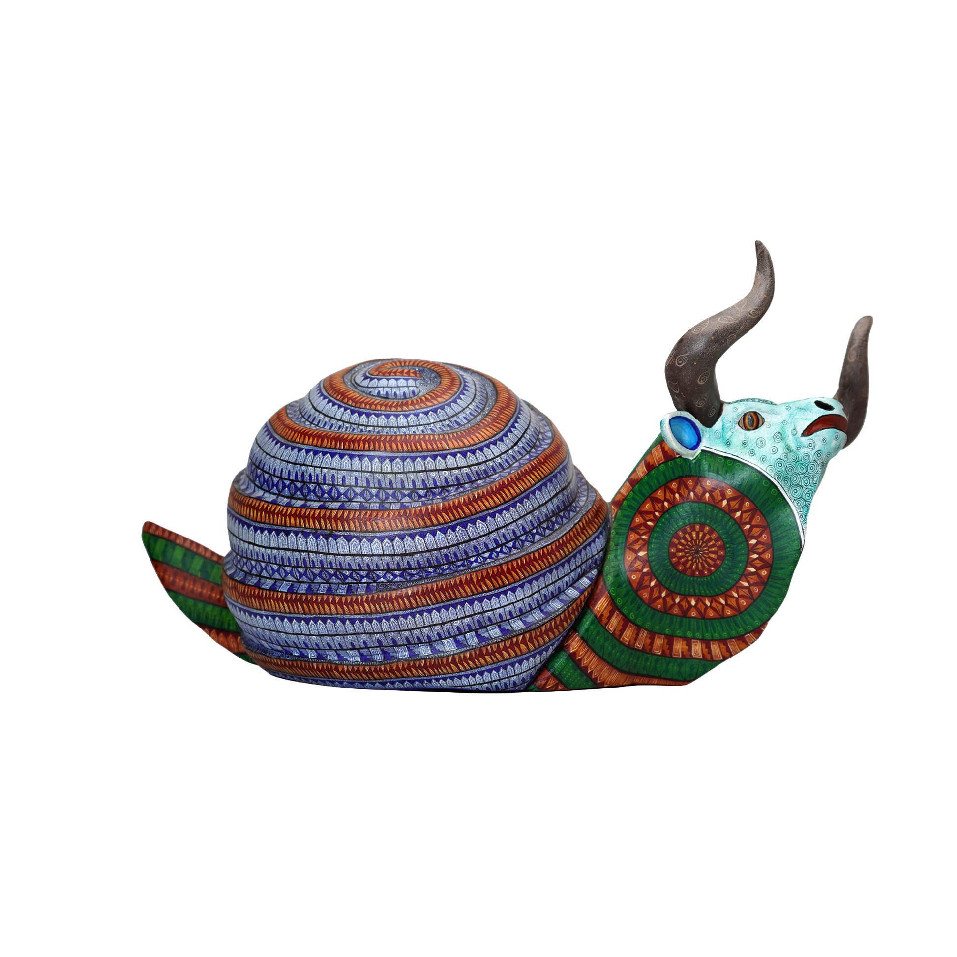 Colorful snail wood sculpture figurine with striped hand-painted shell on a white background.