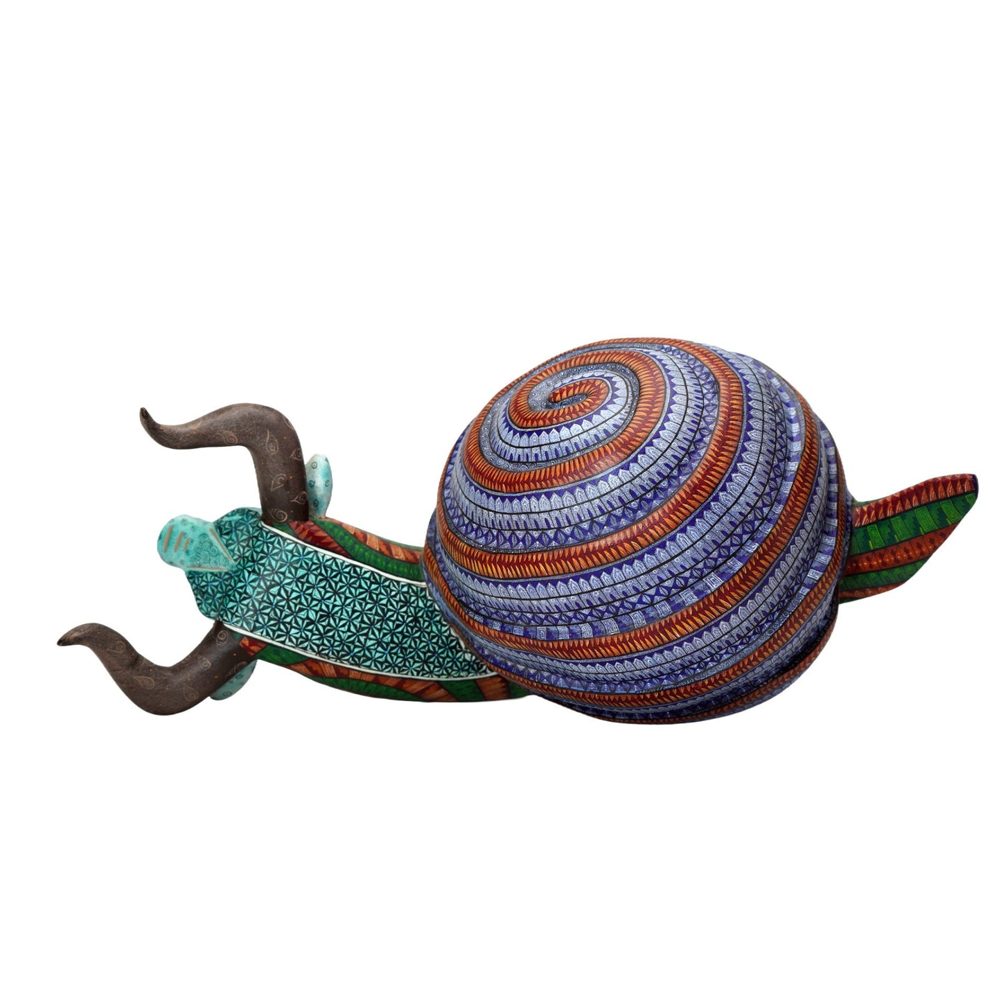 Colorful snail sculpture with striped shell on a white background