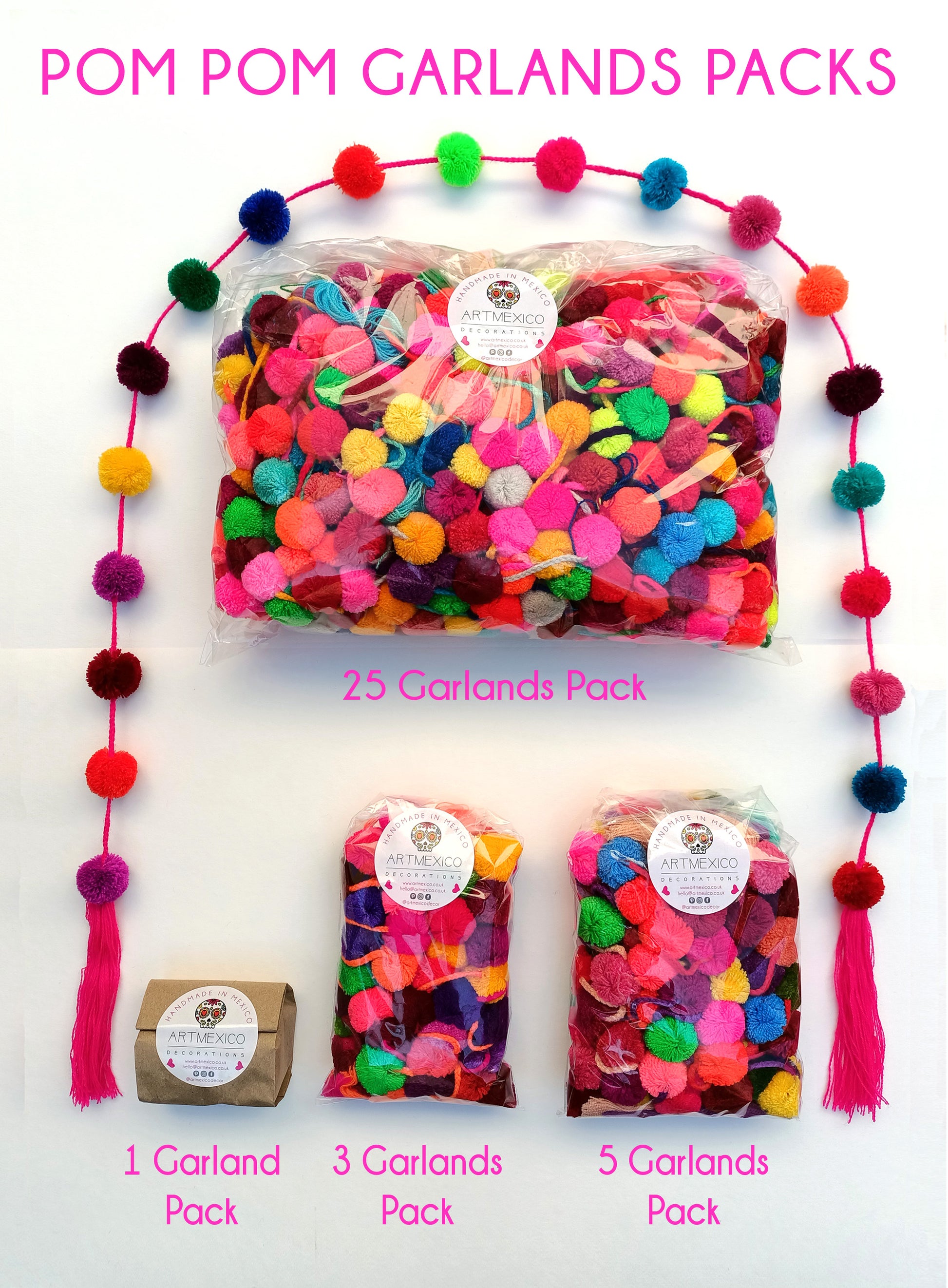 pom pom garlands for christmas tree come in 4 options; 1 garland, 3 garlands, 5 garlands, 25 garlands