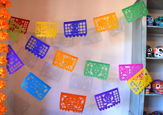 Mexican Day Of The Dead Bunting Halloween Decor | 5m/16ft Banner with 15 Small Flags - ARTMEXICO