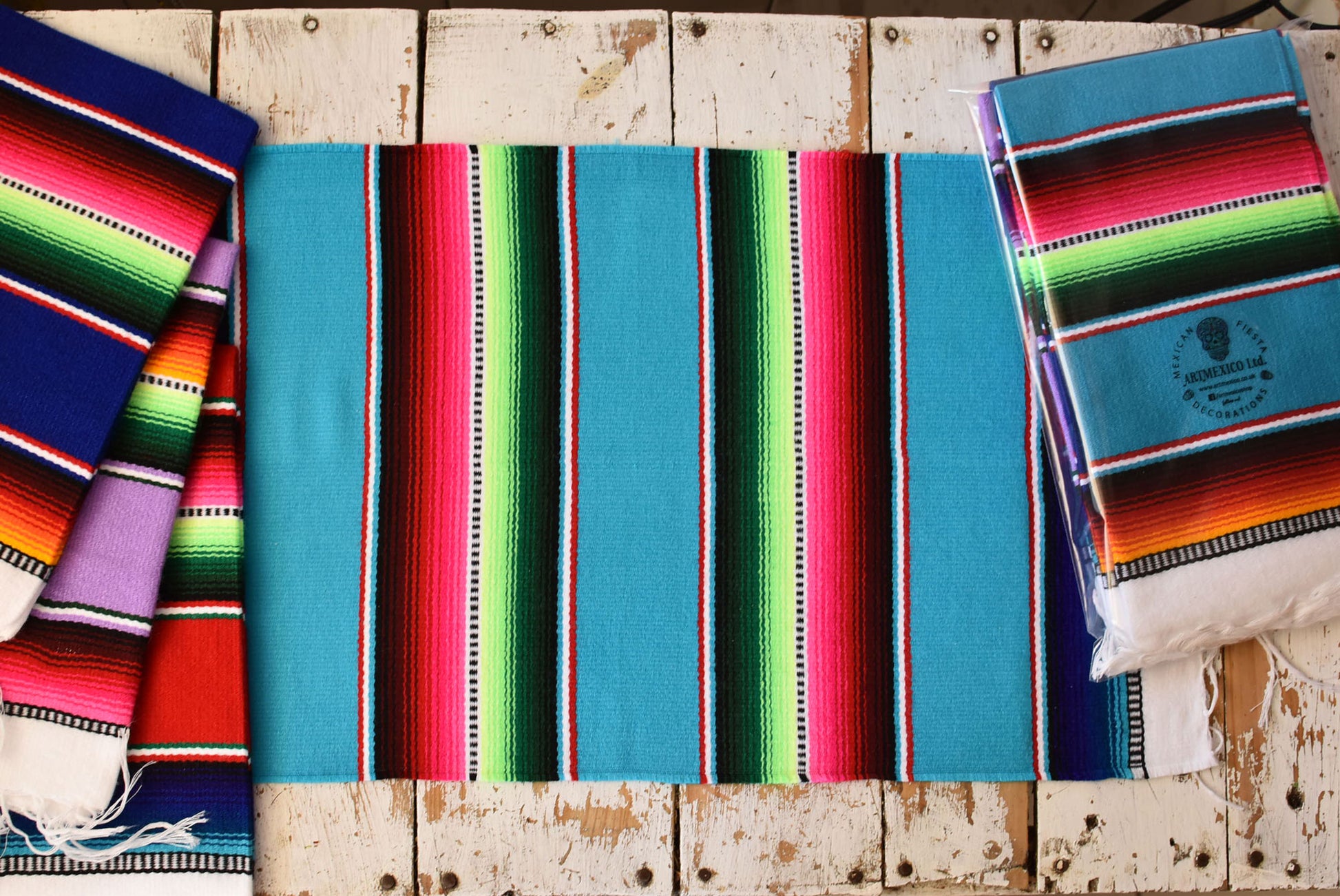 Mexican Placemats Set of 4 Serape Placemats Handwoven w Base Colours Dk Blue, Lt Blue, Red & Lilac - ARTMEXICO