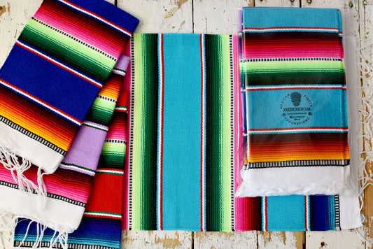 Mexican Placemats Set of 4 Serape Placemats Handwoven w Base Colours Dk Blue, Lt Blue, Red & Lilac - ARTMEXICO