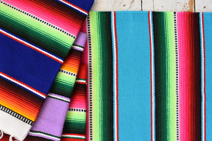 Mexican Placemats Set of 4 Serape Placemats Handwoven w Base Colours Dk Blue, Lt Blue, Red & Lilac - ARTMEXICO