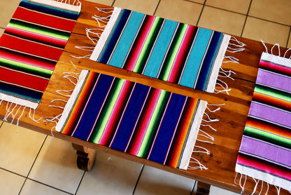 Mexican Placemats Set of 4 Serape Placemats Handwoven w Base Colours Dk Blue, Lt Blue, Red & Lilac - ARTMEXICO