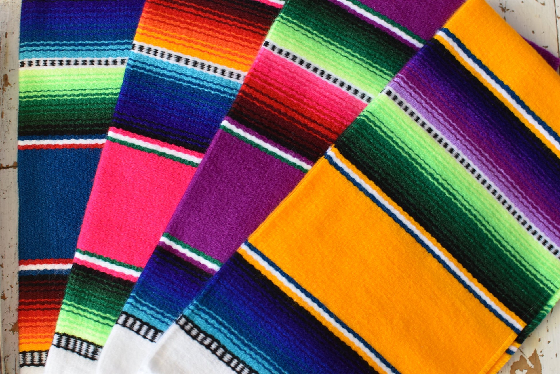 Mexican Placemats Set of 4 Serape Placemats Handwoven w Base Colours Yellow, Purple, Fuchsia, Dark Turquoise - ARTMEXICO
