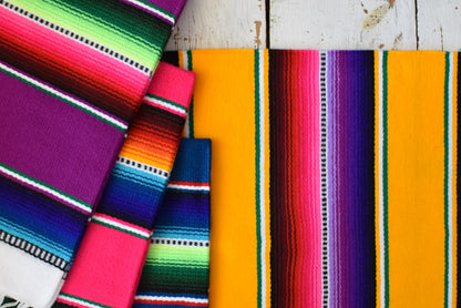 Mexican Placemats Set of 4 Serape Placemats Handwoven w Base Colours Yellow, Purple, Fuchsia, Dark Turquoise - ARTMEXICO
