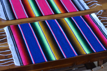 Mexican Placemats Set of 4 Serape Placemats Handwoven w Base Colours Yellow, Purple, Fuchsia, Dark Turquoise - ARTMEXICO