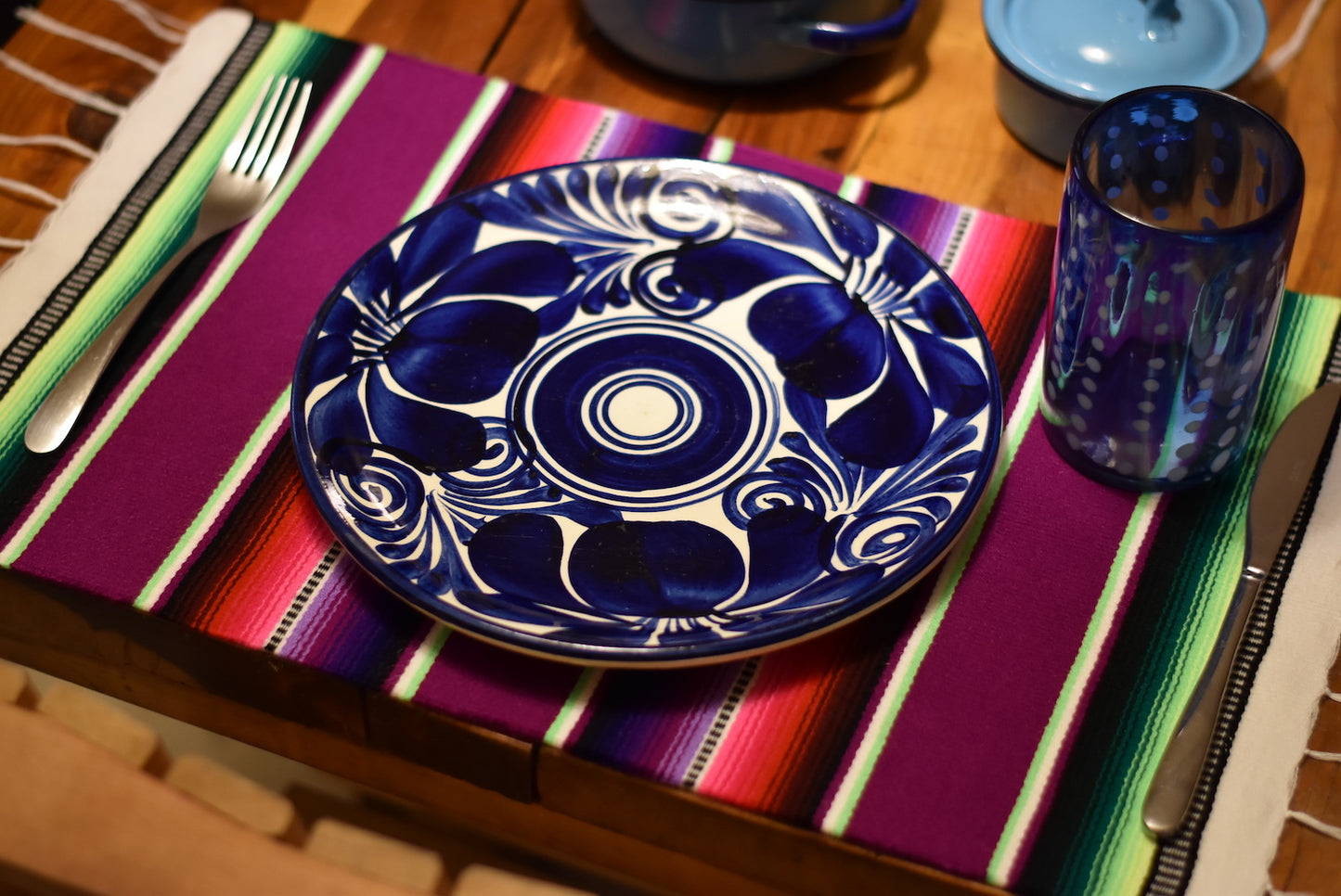 Mexican Placemats Set of 4 Serape Placemats Handwoven w Base Colours Yellow, Purple, Fuchsia, Dark Turquoise - ARTMEXICO