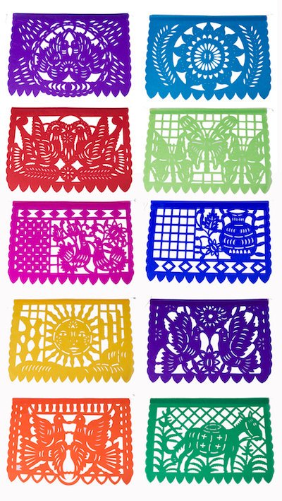 Mexican Papel Picado Banner with 10 Large Plastic Flags Waterproof party decorations