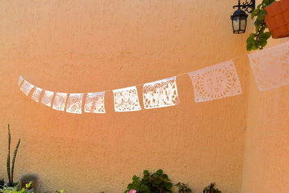 White Papel Picado | White Bunting Decorations | 5m (15ft) Garland with 12 Medium Flags - ARTMEXICO