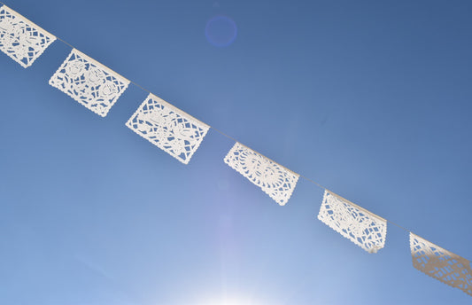 White Papel Picado | White Bunting Decorations | 5m (15ft) Garland with 12 Medium Flags - ARTMEXICO
