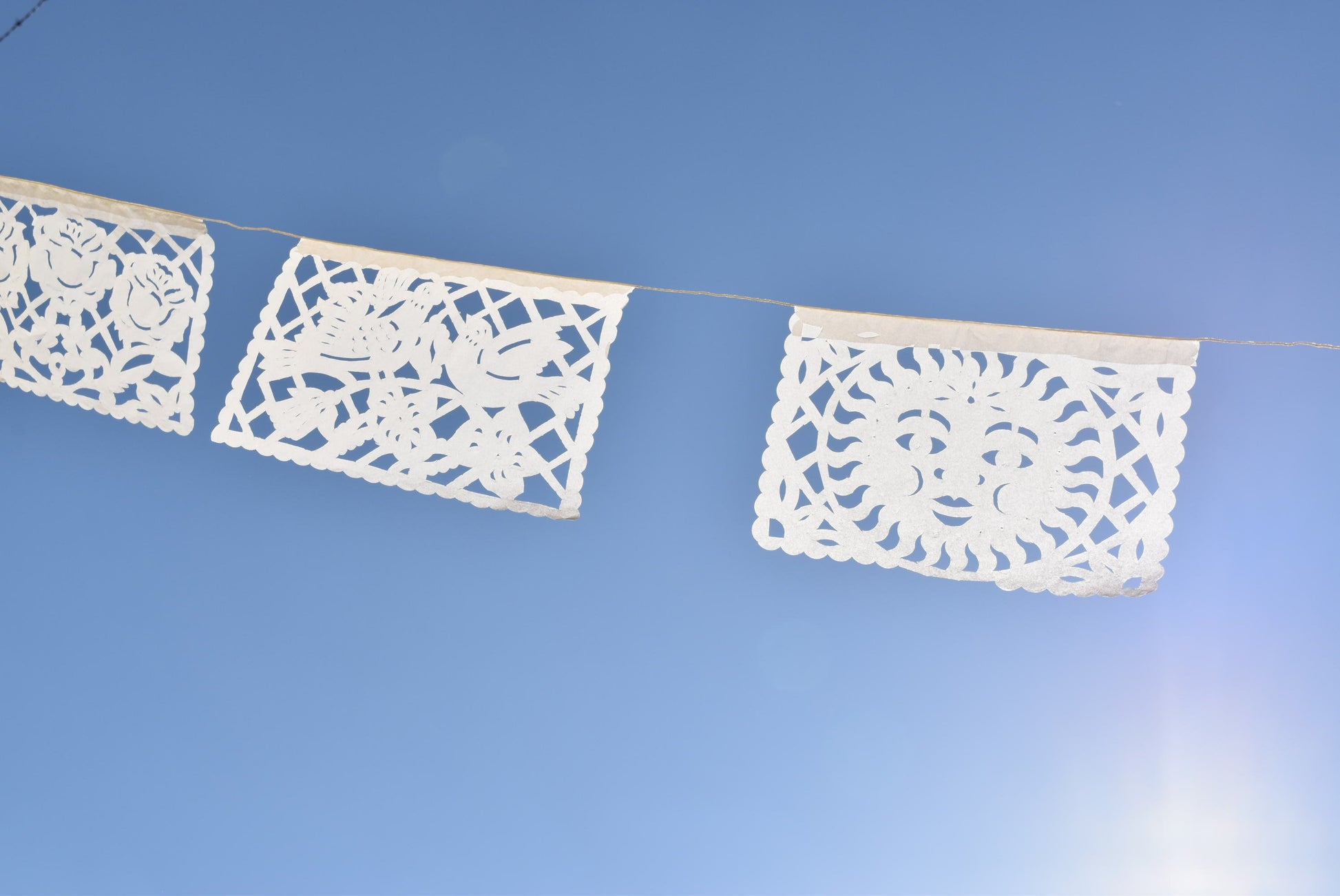 White Papel Picado | White Bunting Decorations | 5m (15ft) Garland with 12 Medium Flags - ARTMEXICO