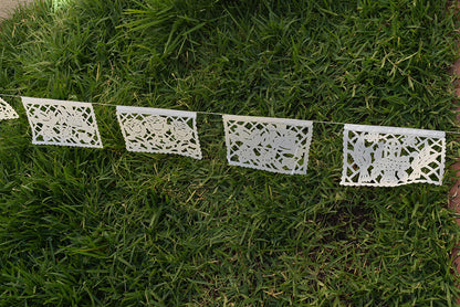White Papel Picado | White Bunting Decorations | 5m (15ft) Garland with 12 Medium Flags - ARTMEXICO
