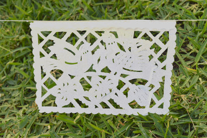 White Papel Picado | White Bunting Decorations | 5m (15ft) Garland with 12 Medium Flags - ARTMEXICO