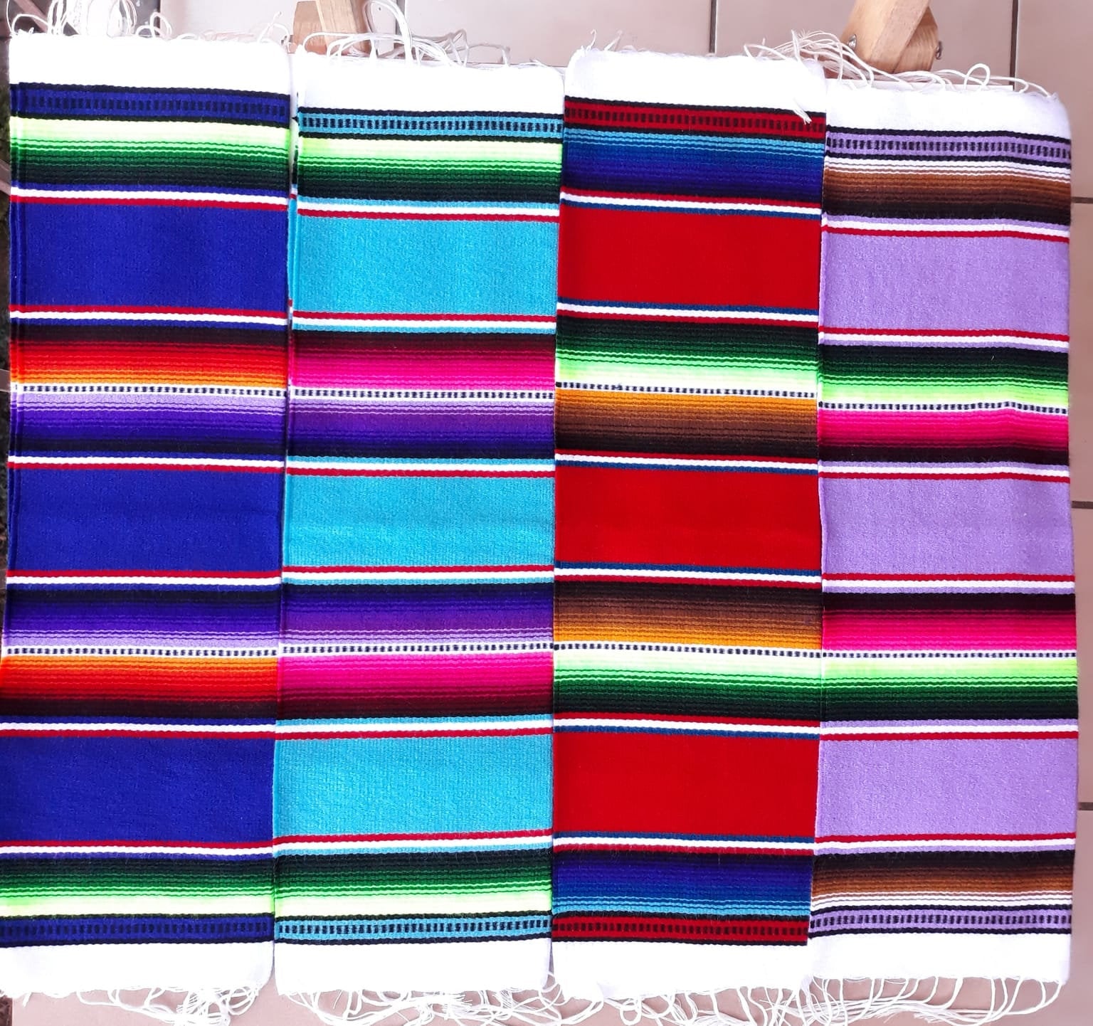 Mexican Placemats Set of 4 Serape Placemats Handwoven w Base Colours Dk Blue, Lt Blue, Red & Lilac - ARTMEXICO