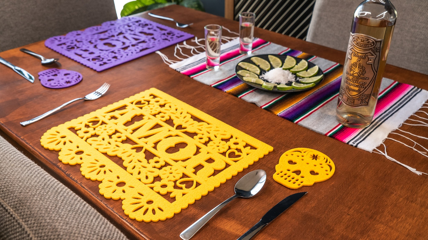 Set of 7 Mexican Papel Picado Style AMOR Placemats