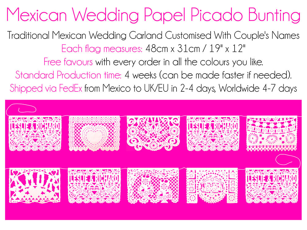 Personalised Mexican Wedding Papel Picado Bunting Decor in White Plastic