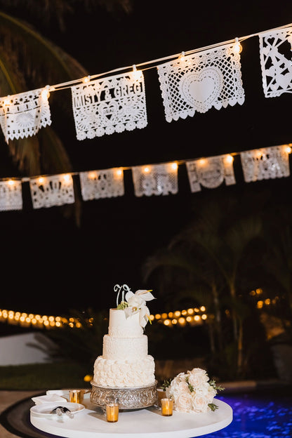 Banderines de papel picado para boda mexicana personalizados en plástico blanco