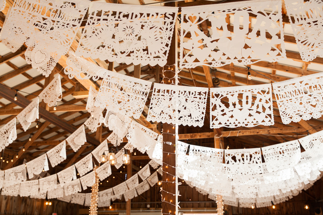 Personalised Mexican Wedding Papel Picado Decorations in White - ARTMEXICO