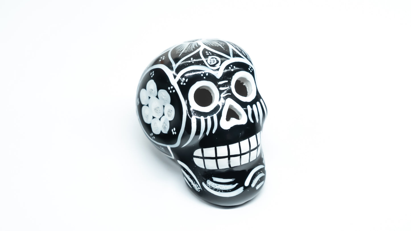 sugar skull ornament black and white flowers
