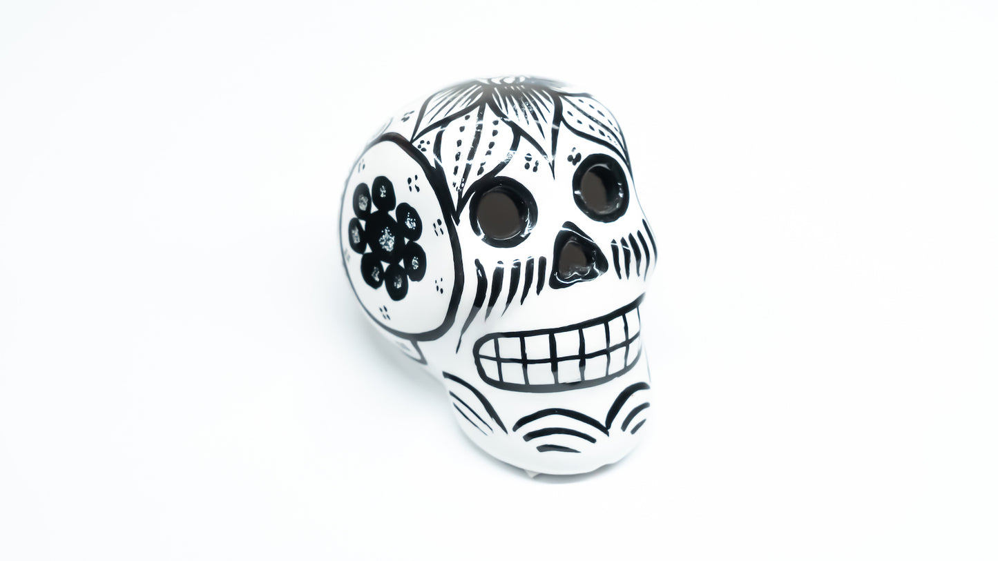 sugar skull ornament white and black flowers